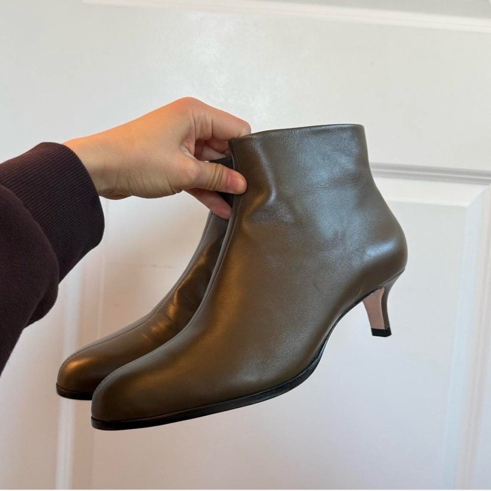 Reformation Xyla Boots: Olive Green Leather Ankle Boots with Kitten Heel